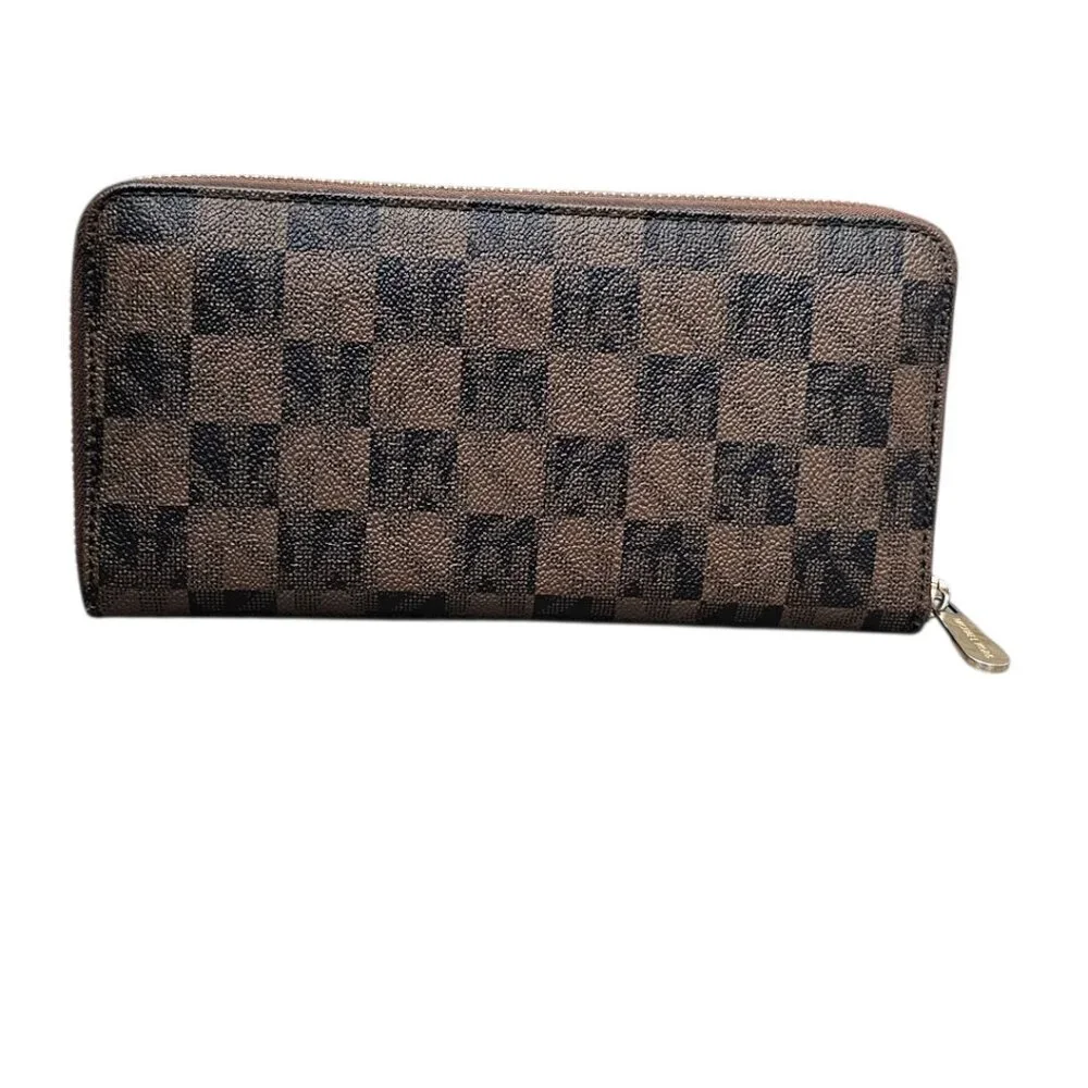 Michael Kors Jet Set Travel Checkered Large Continental Zip Wallet COA Blk Brown